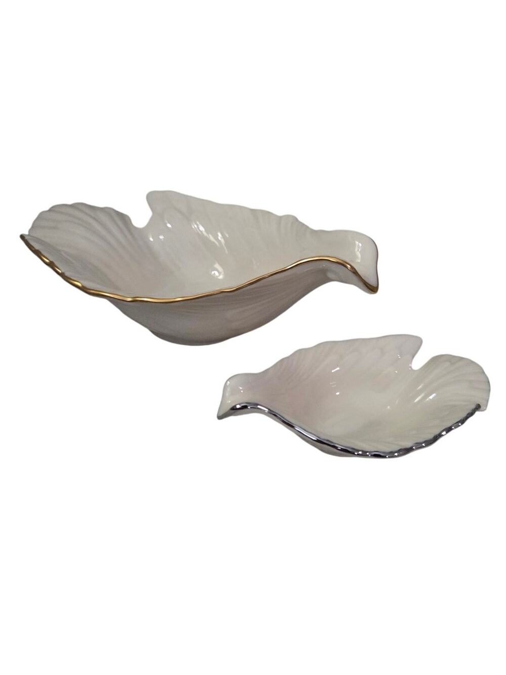 Vtg Set 2 LENOX Dove Candy Bowl Jewelry Trinket Dish Bird Ivory Platinum Trim